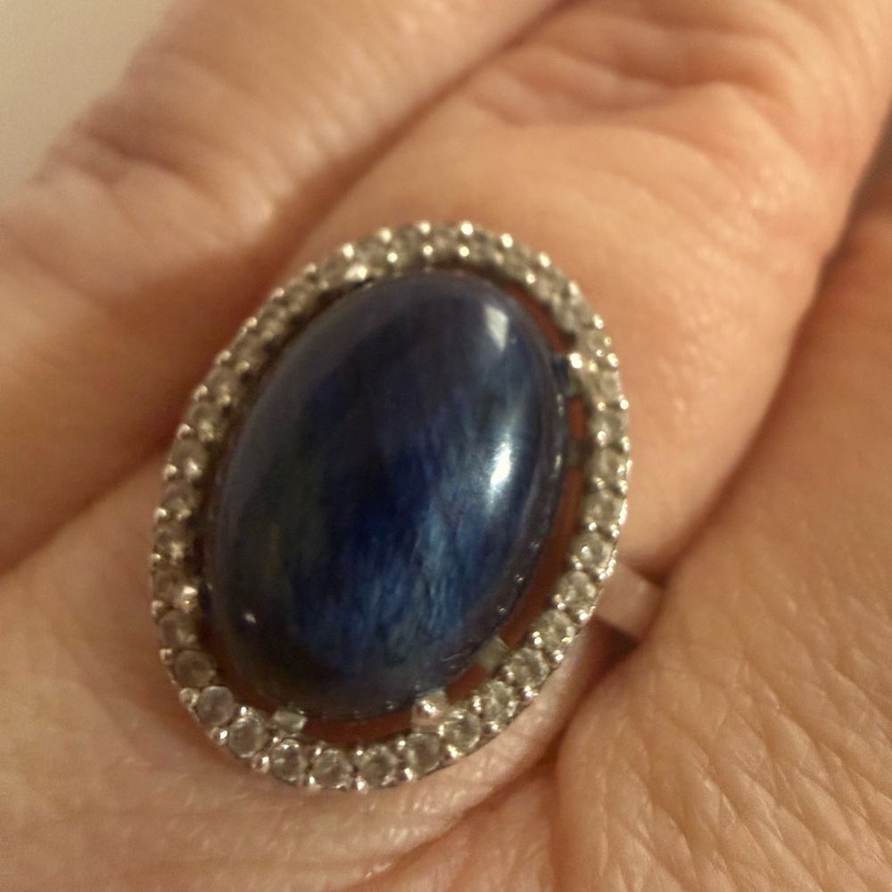 Blue Labradorite and Cubic Zircon Ring in Sterling Silver,Natural Oval Size 8